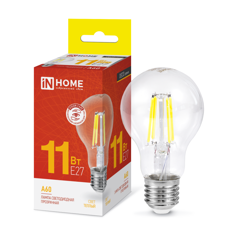 Лампа светодиодная LED-A60-deco 11Вт 230В Е27 6500К 1160Лм прозрачная IN HOME