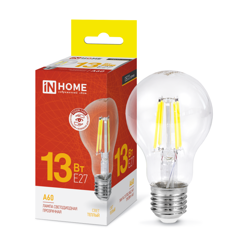 Лампа светодиодная LED-A60-deco 13Вт 230В Е27 3000К 1370Лм прозрачная IN HOME  арт.4690612035581