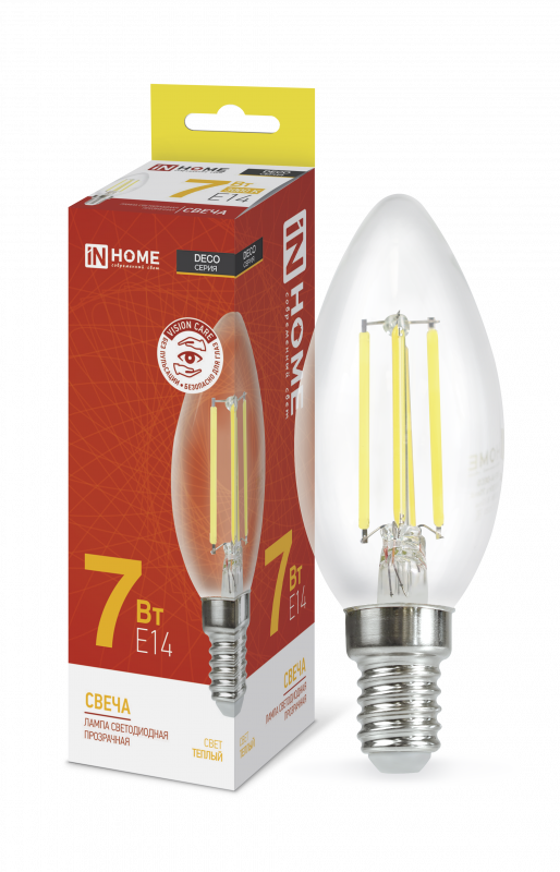Лампа светодиодная LED-СВЕЧА-deco 7Вт 230В Е14 3000К 810Лм прозрачная IN HOME   арт. 4690612007601