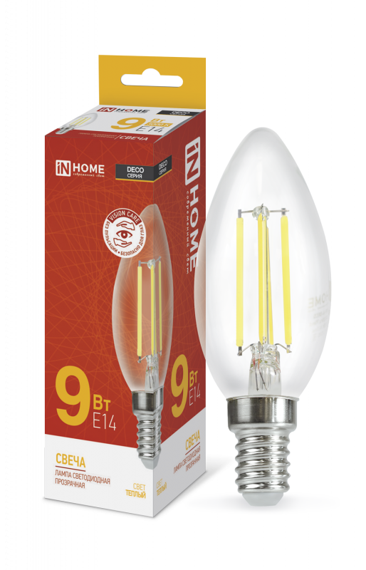 Лампа светодиодная LED-СВЕЧА-deco 9Вт 230В Е14 3000К 1040Лм прозрачная IN HOME  арт.4690612026183