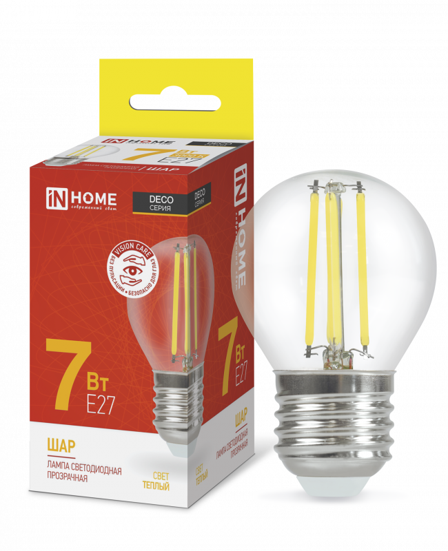 Лампа светодиодная LED-ШАР-deco 7Вт 230В Е27 3000К 810Лм прозрачная IN HOME  арт. 4690612016320