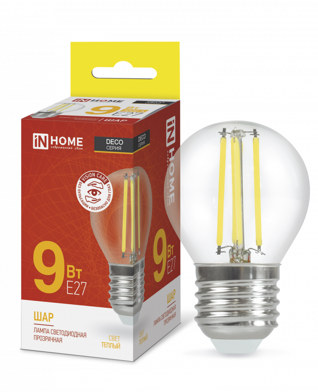 Лампа светодиодная LED-ШАР-deco 9Вт 230В Е27 3000К 1040Лм прозрачная IN HOME   арт. 4690612026268