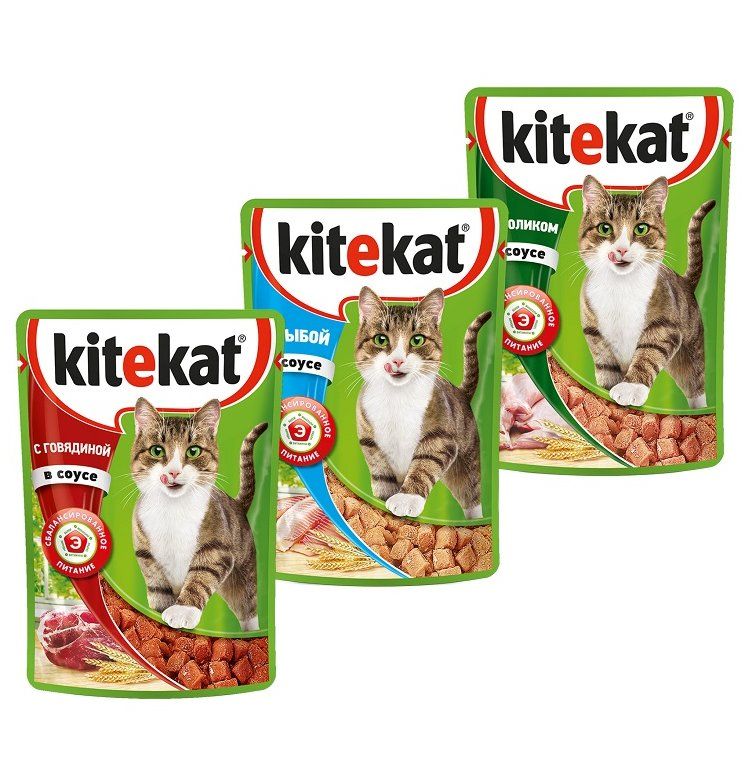 Корм для взрослых кошек Kitekat влажный, 85 гр., в ассортименте, пластиковый пакет