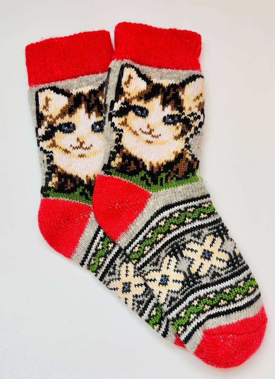 Носки шерстяные теплые с рисунком "котёнок" красные